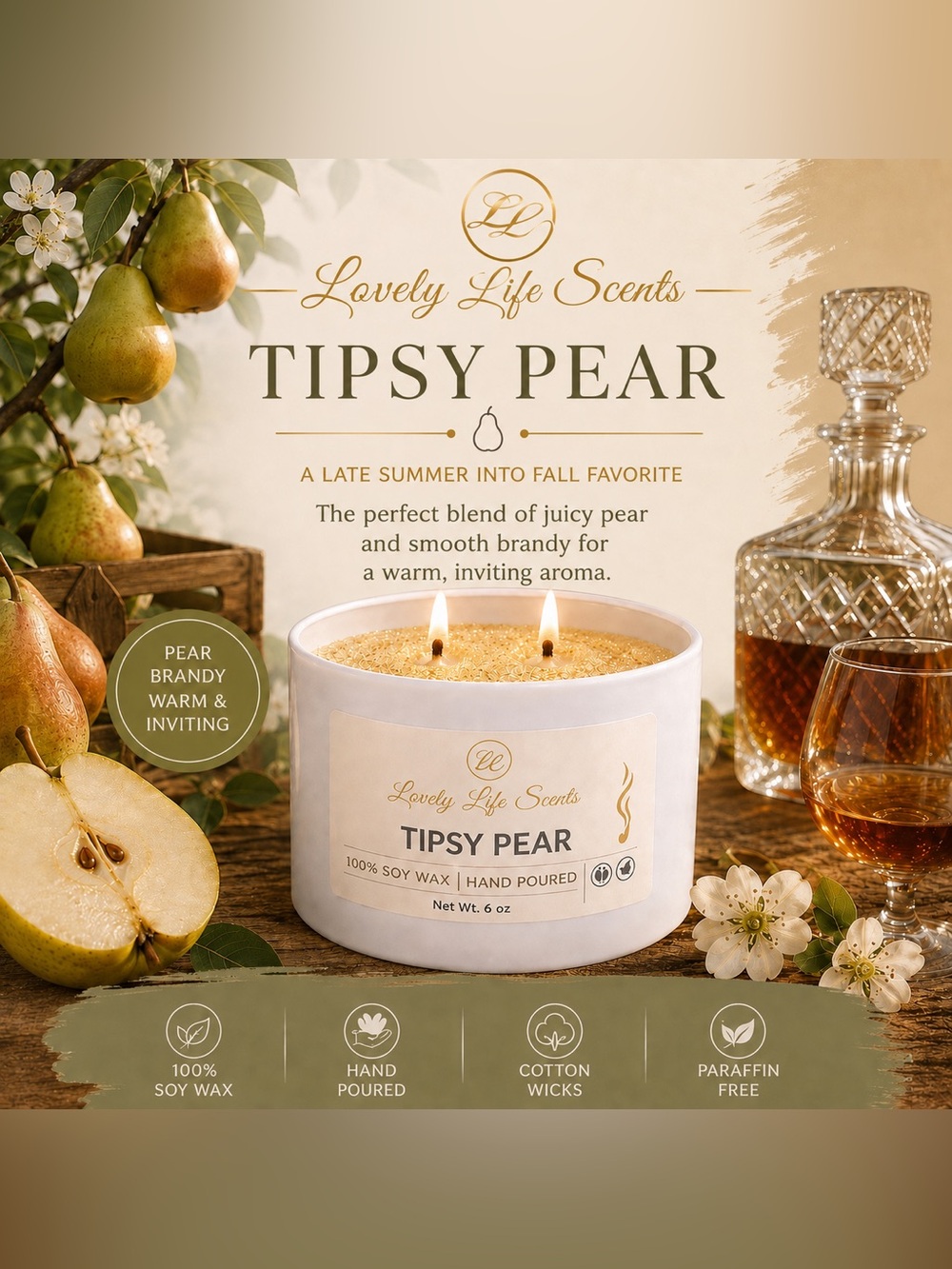 Tipsy Pear 6oz Double Wick Premium Soy Candle - Lovely Life Scents